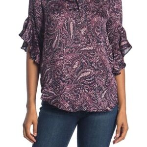 Vince Camuto Navy and Mauve Ruffled Bell Sleeve Blouse
